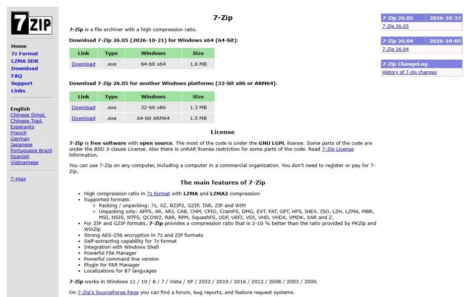 7-Zip – Ansicht der Anbieter-Website