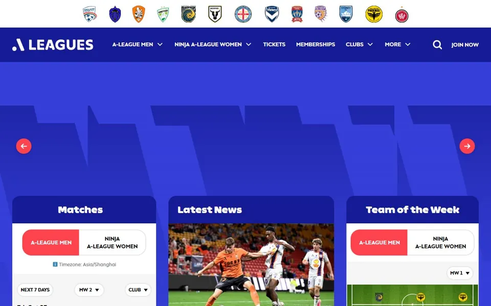 A-Leagues website screenshot