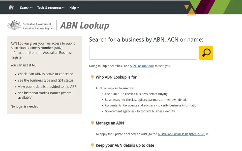 ABN Lookup website screenshot