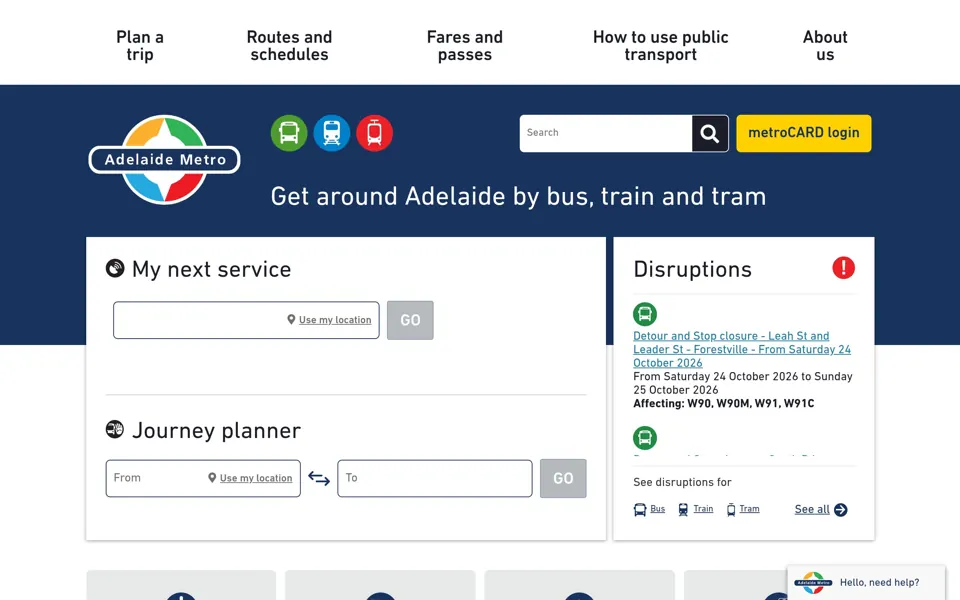 Adelaide Metro website screenshot