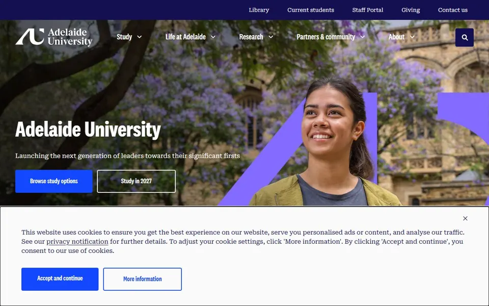 Adelaide University website screenshot