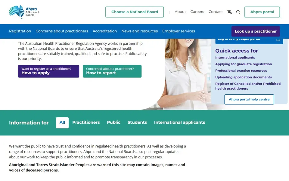 Ahpra website screenshot