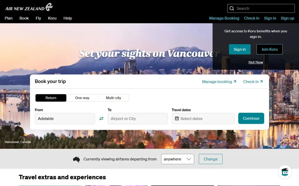 Air New Zealand Australia website screenshot