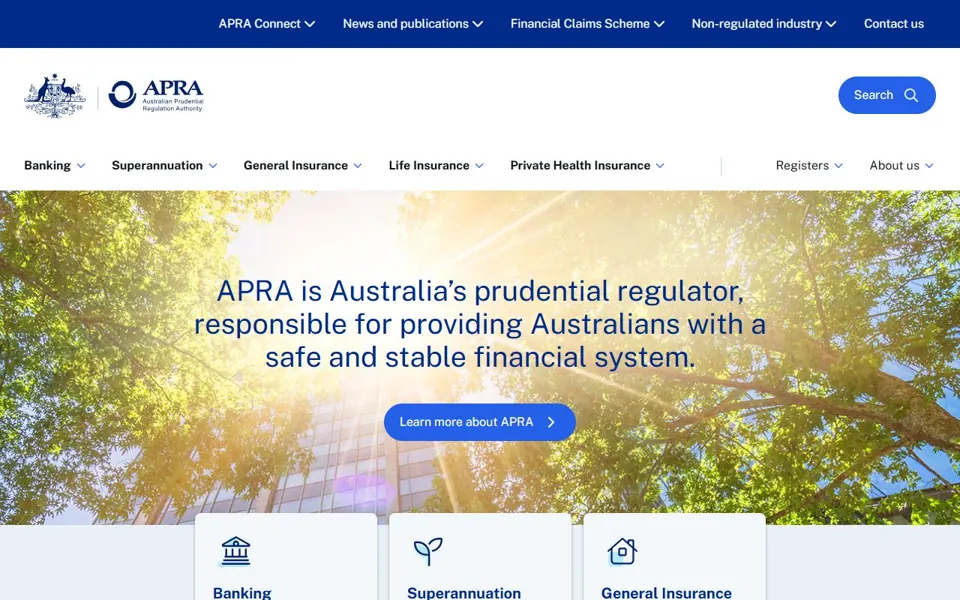 APRA website screenshot