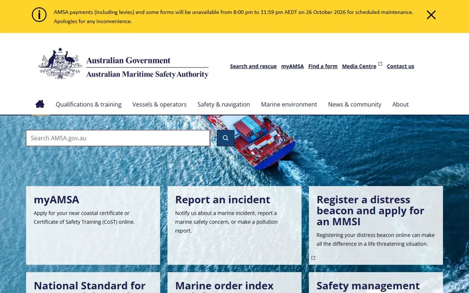 Australian Maritime Safety Authority website screenshot
