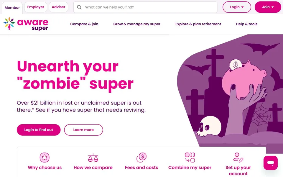 Aware Super website screenshot