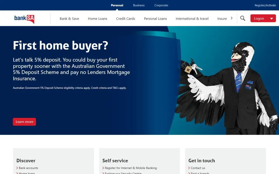 BankSA website screenshot
