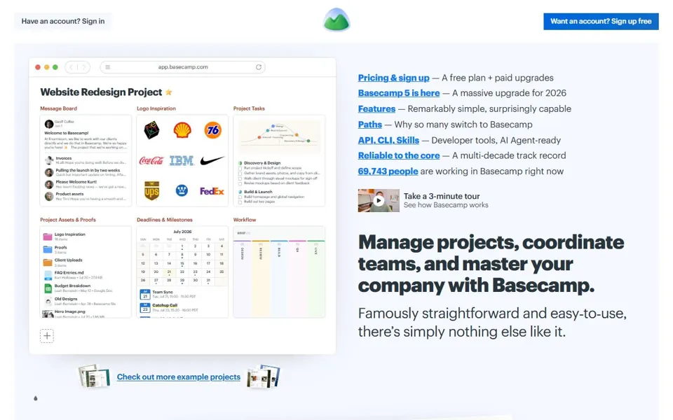 Basecamp – Ansicht der Anbieter-Website