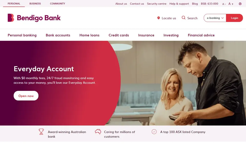 Bendigo Bank website screenshot