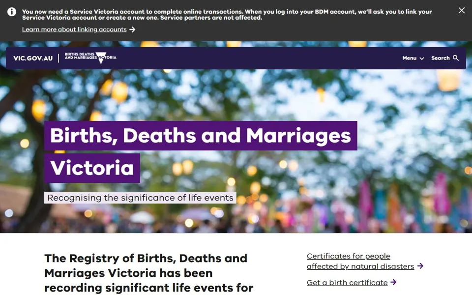 Births, Deaths and Marriages Victoria website screenshot