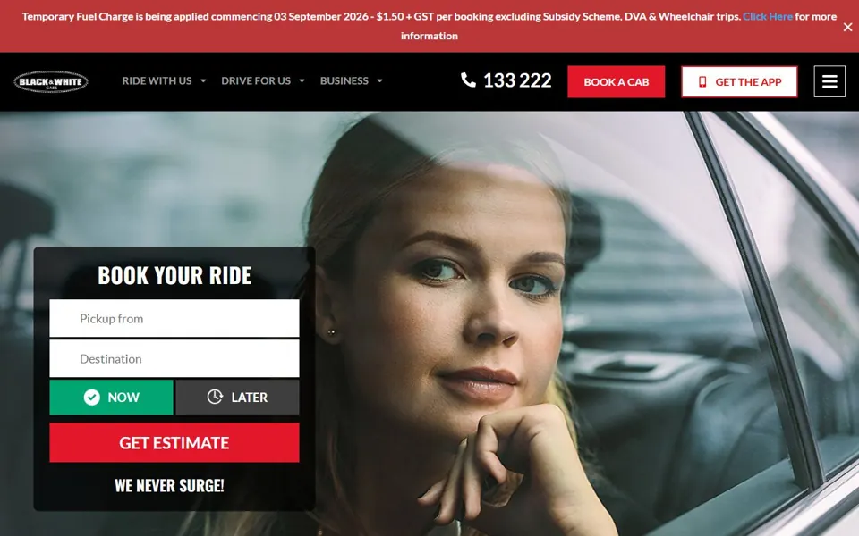 Black & White Cabs website screenshot
