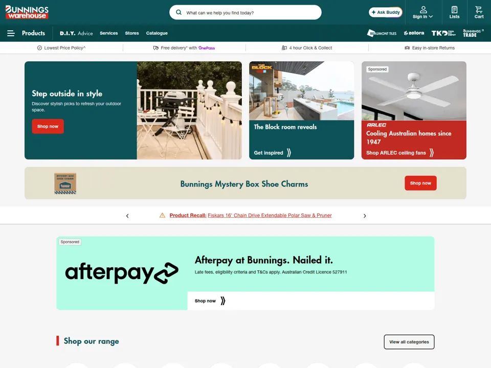Bunnings website screenshot