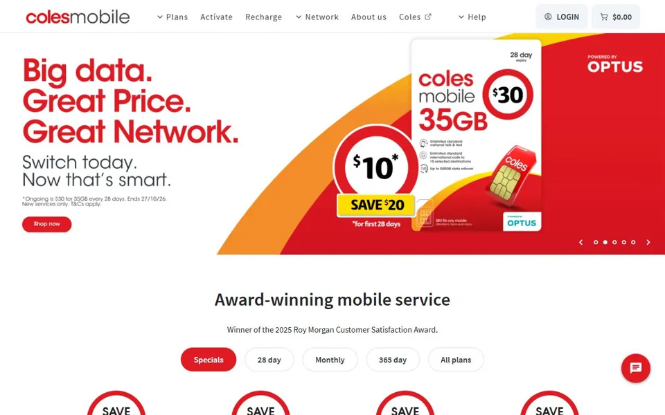 Coles Mobile website screenshot