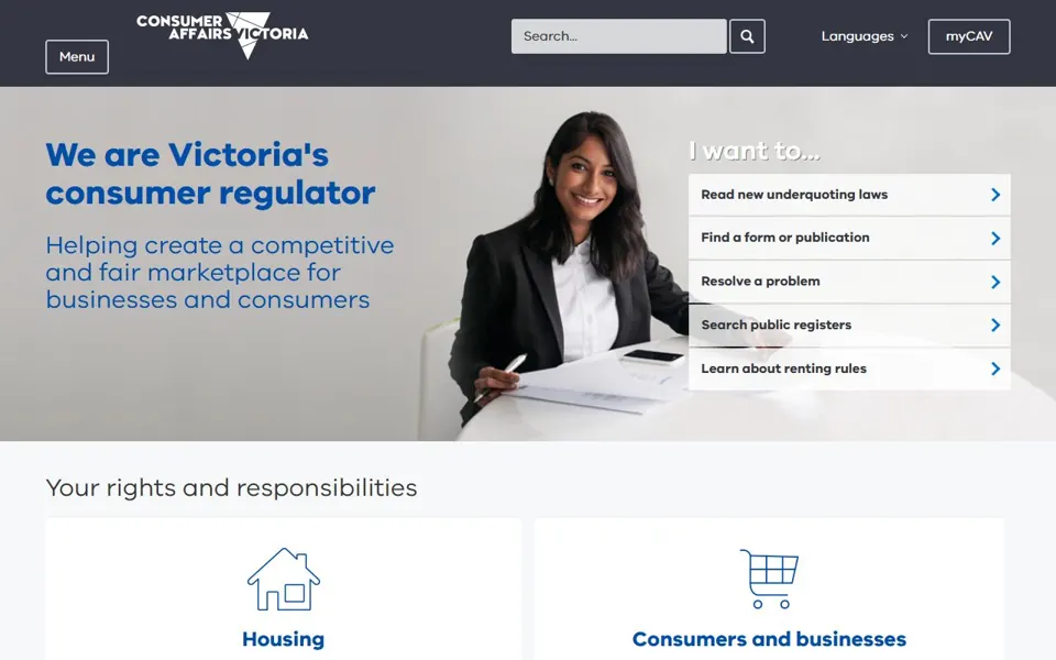 Consumer Affairs Victoria website screenshot
