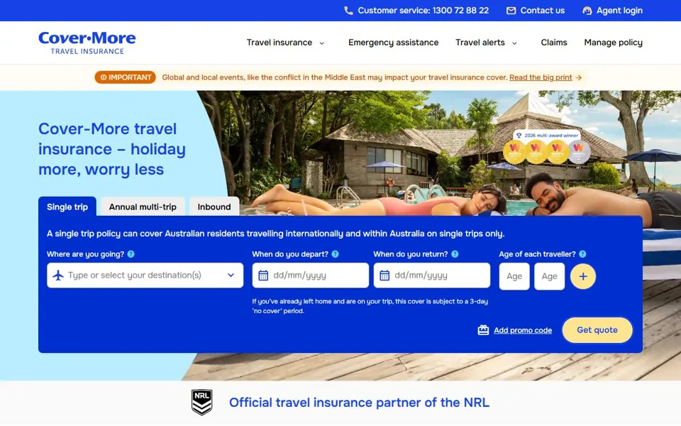Cover-More Australia website screenshot