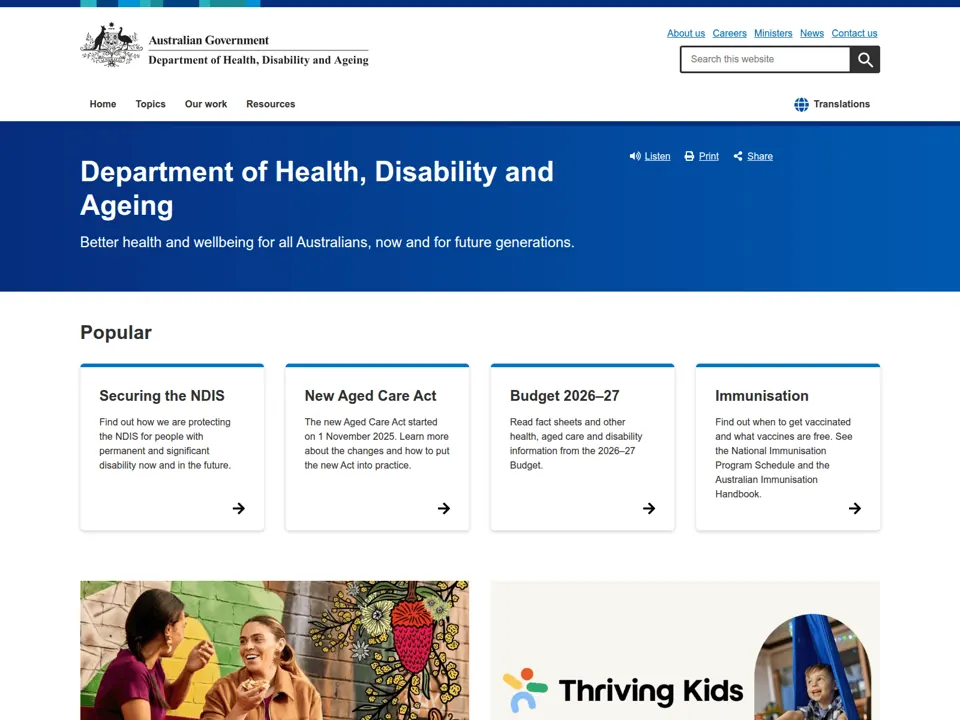 Department of Health, Disability and Ageing website screenshot
