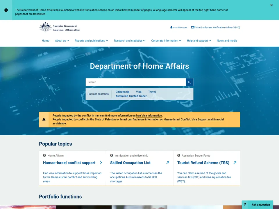 Department of Home Affairs website screenshot
