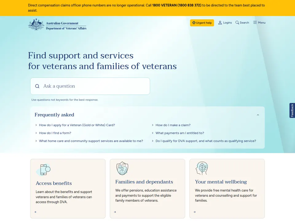 Department of Veterans' Affairs website screenshot
