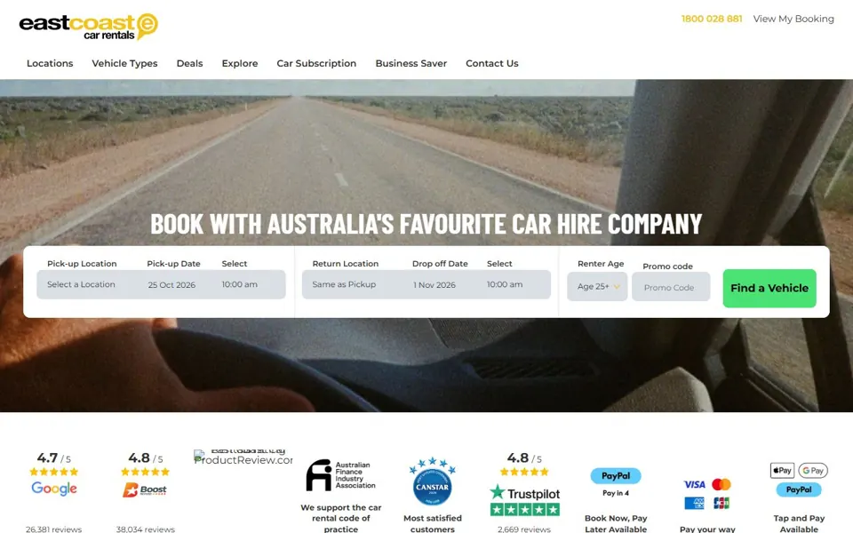 East Coast Car Rentals website screenshot