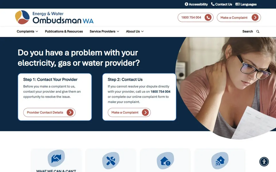 Energy and Water Ombudsman WA website screenshot