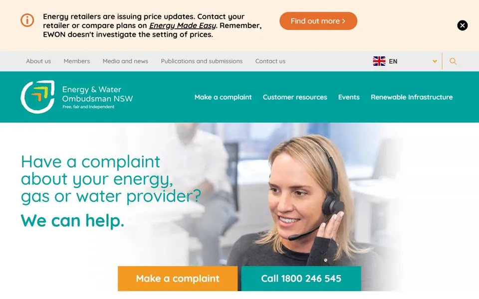 Energy & Water Ombudsman NSW website screenshot