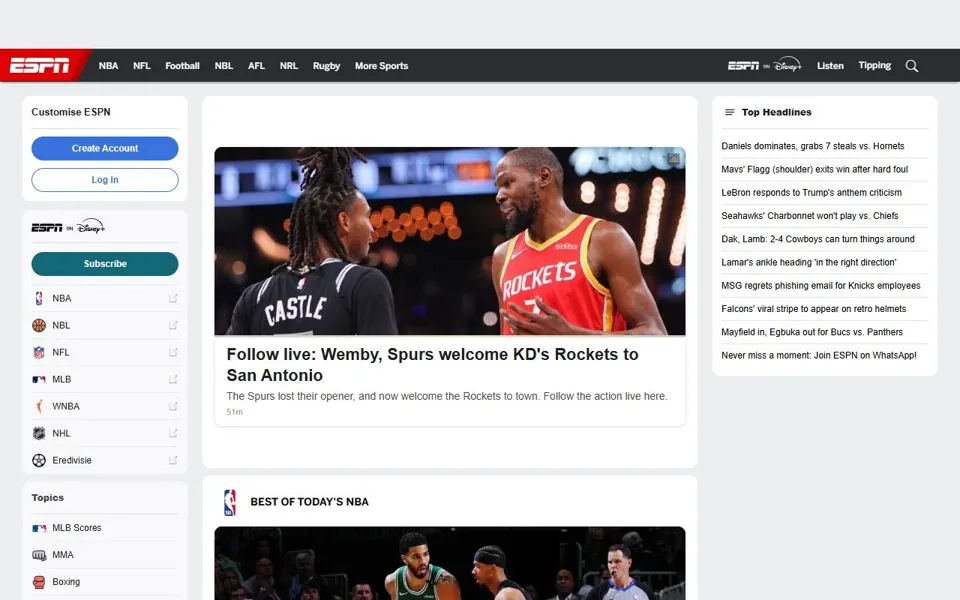ESPN Australia website screenshot