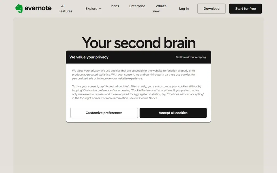 Evernote website screenshot