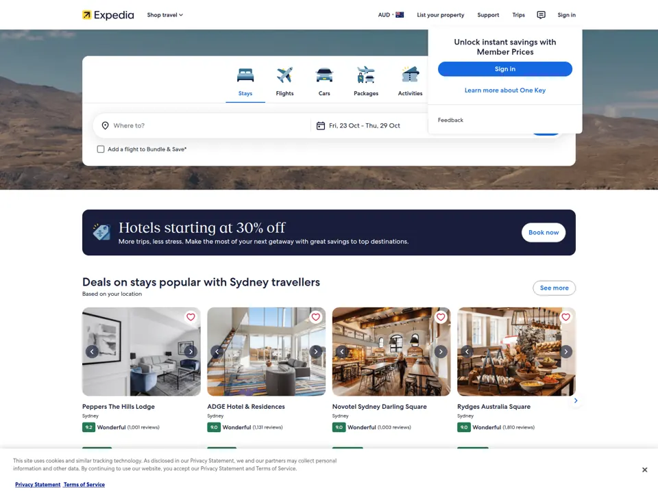 Expedia Australia website screenshot