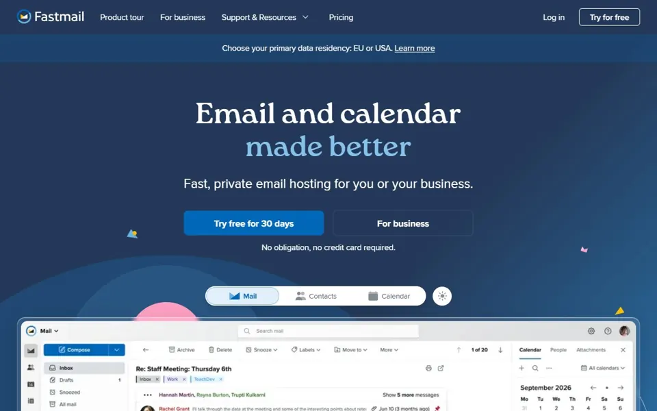 Fastmail – Ansicht der Anbieter-Website