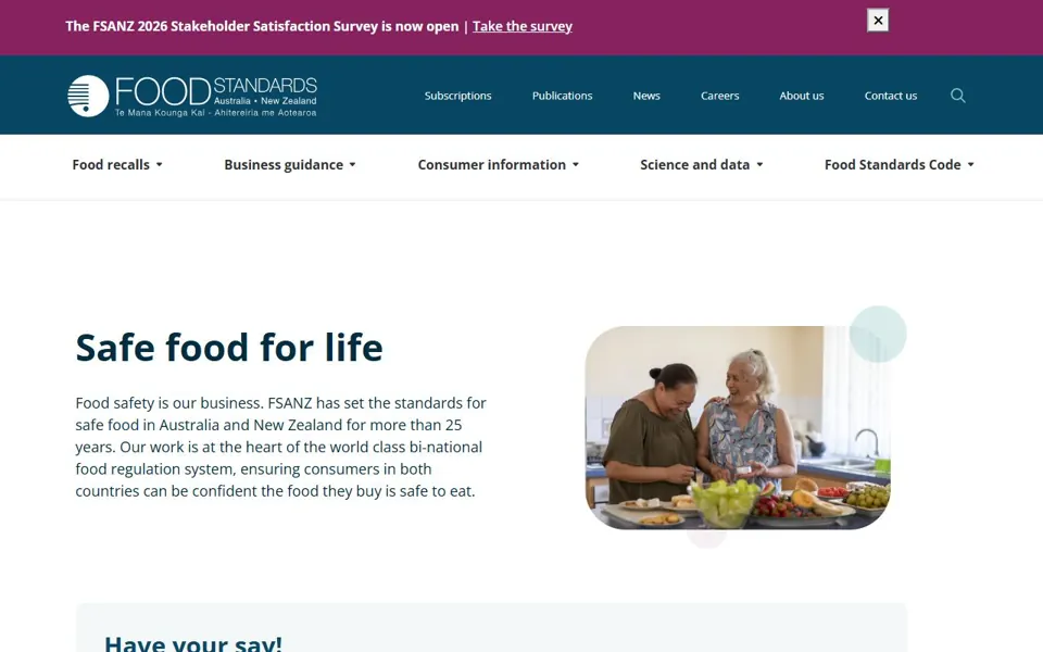 Food Standards Australia New Zealand website screenshot