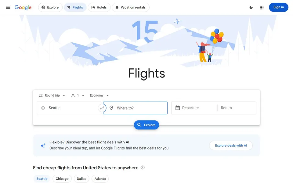 Google Flights website screenshot