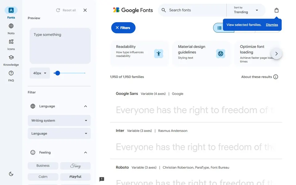 Google Fonts website screenshot