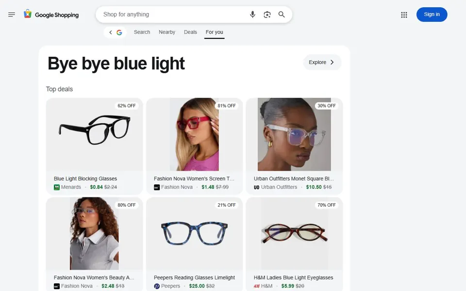Google Shopping website screenshot