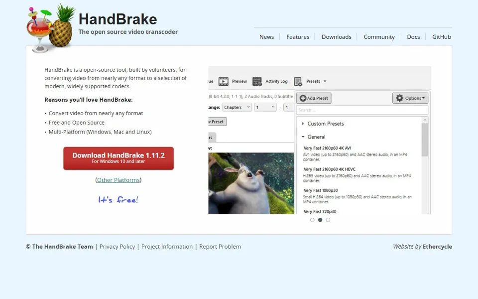 HandBrake – Ansicht der Anbieter-Website