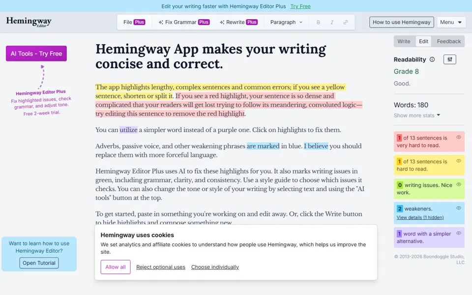 Hemingway Editor · Website screenshot
