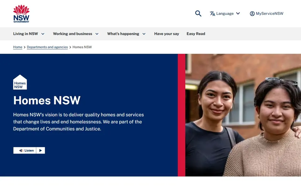 Homes NSW website screenshot