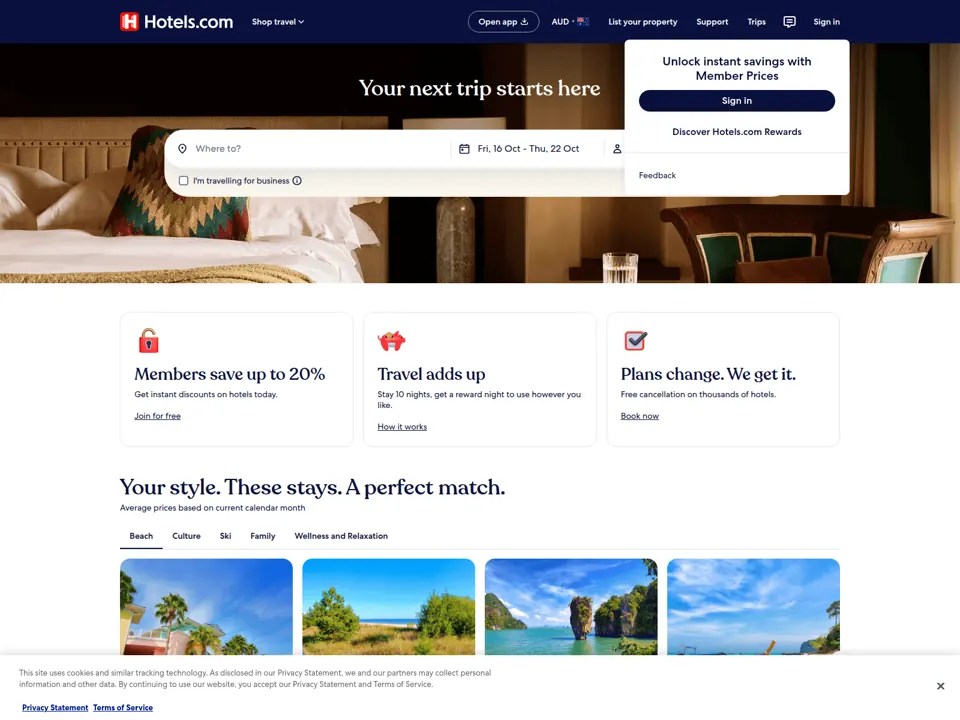 Hotels.com website screenshot