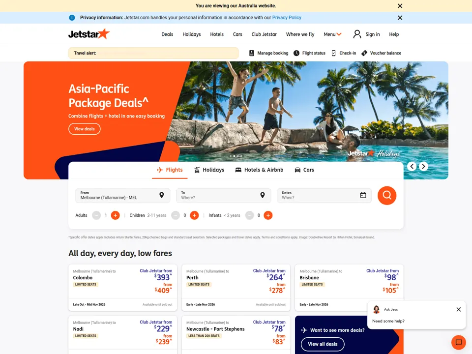 Jetstar website screenshot