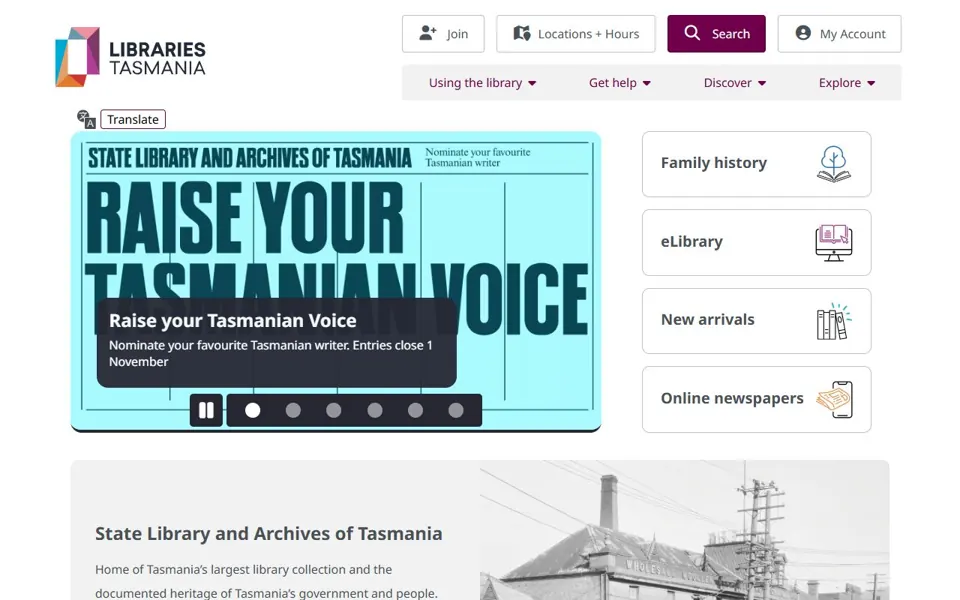Libraries Tasmania website screenshot