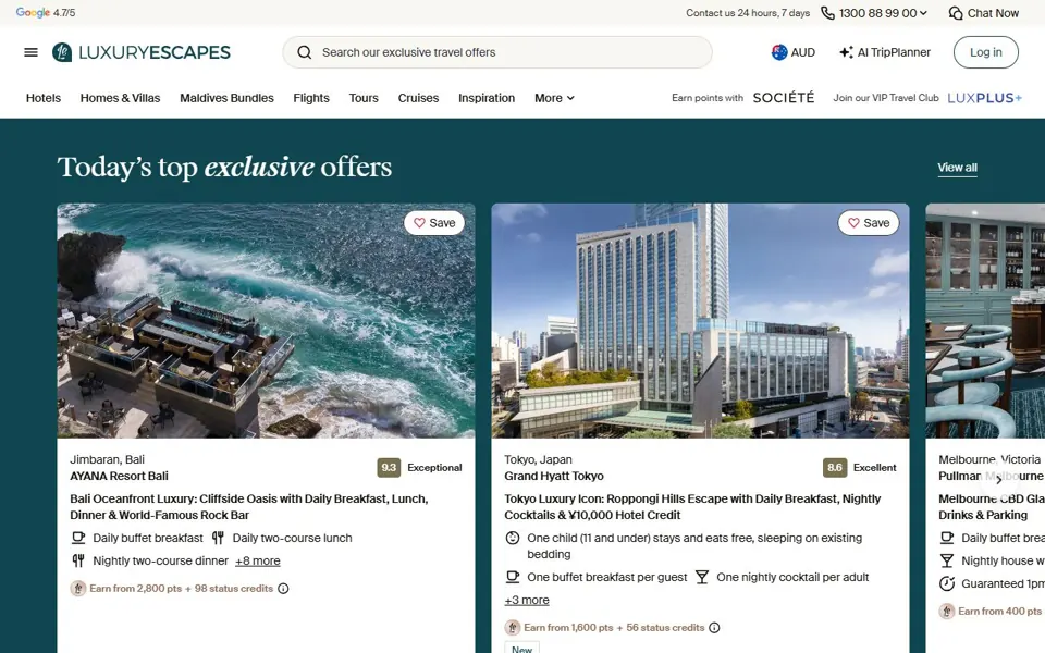 Luxury Escapes website screenshot