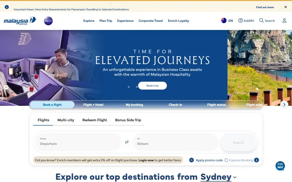 Malaysia Airlines Australia website screenshot