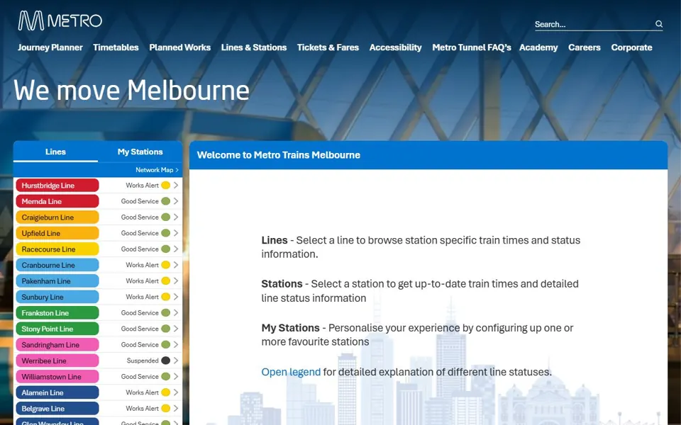 Metro Trains Melbourne website screenshot