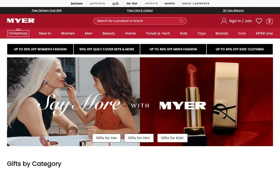 Myer website screenshot