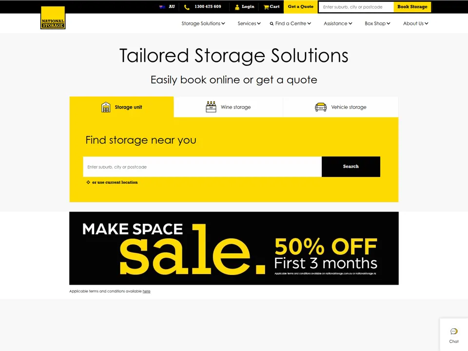 National Storage website screenshot