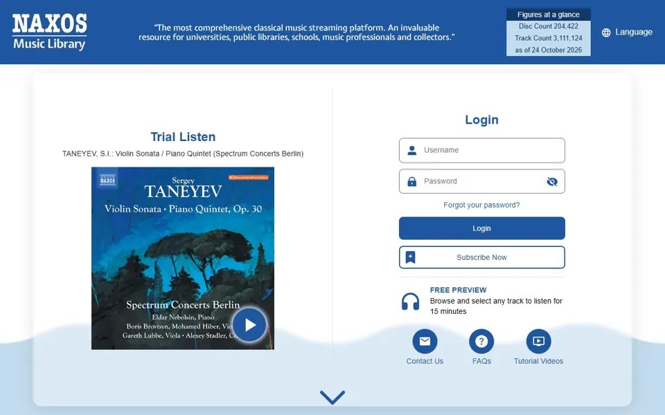 Naxos Music Library – Ansicht der Anbieter-Website