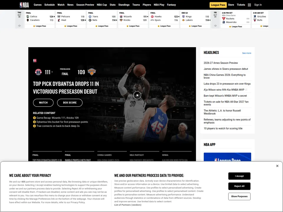 NBA website screenshot