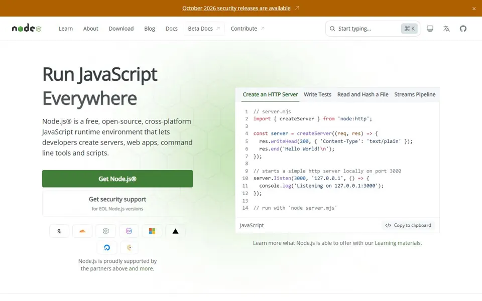 Node.js website screenshot