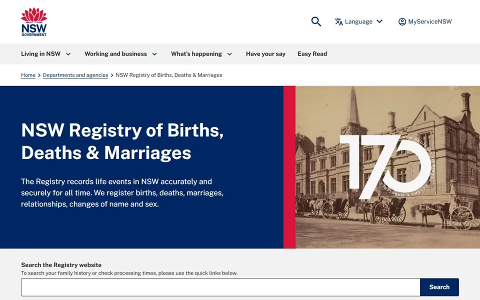 NSW Births, Deaths & Marriages website screenshot