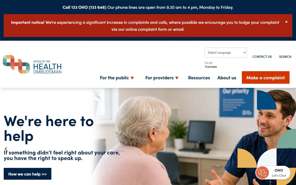 Office of the Health Ombudsman Queensland website screenshot