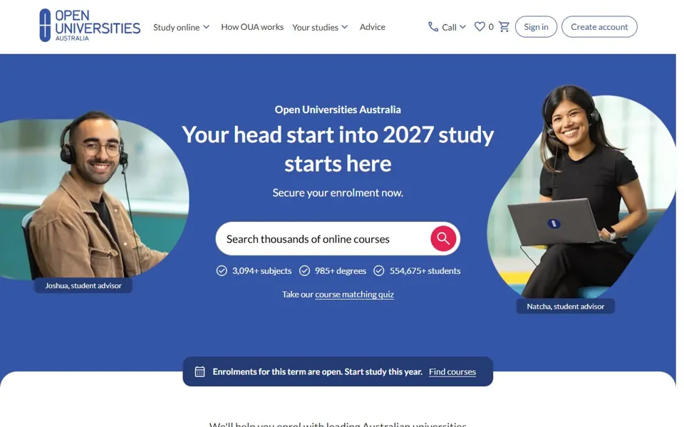 Open Universities Australia website screenshot